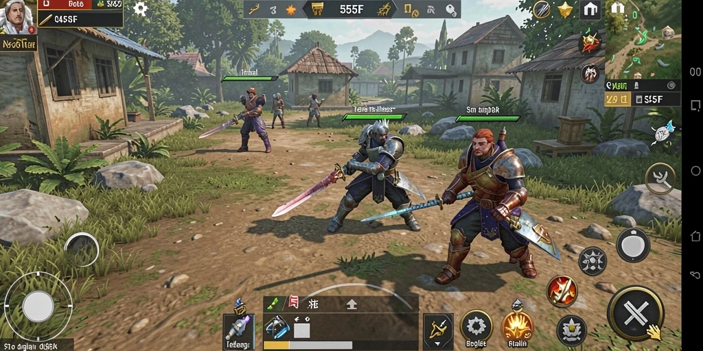 Screenshot utama dari 555F menunjukkan pertarungan strategis yang intens.