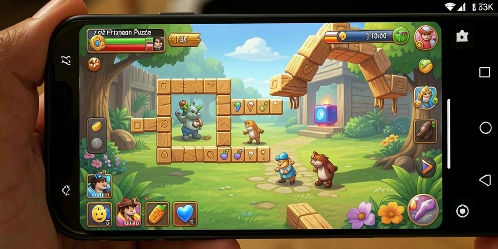 Screenshot utama 73K menampilkan gameplay puzzle yang menantang dan penuh warna.