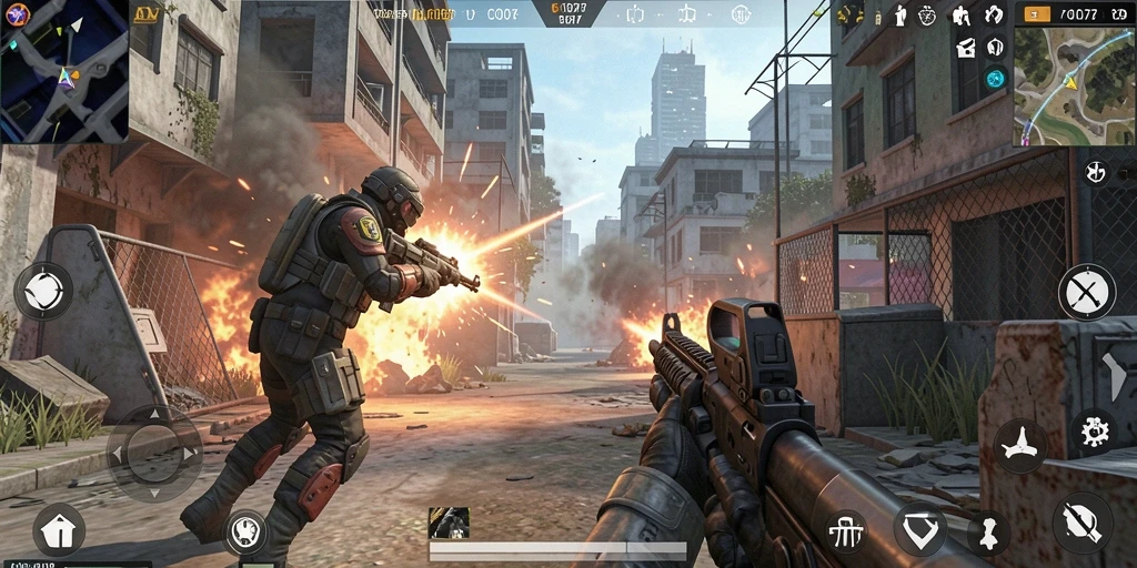Screenshot C0077 menunjukkan pertempuran seru dalam game FPS.