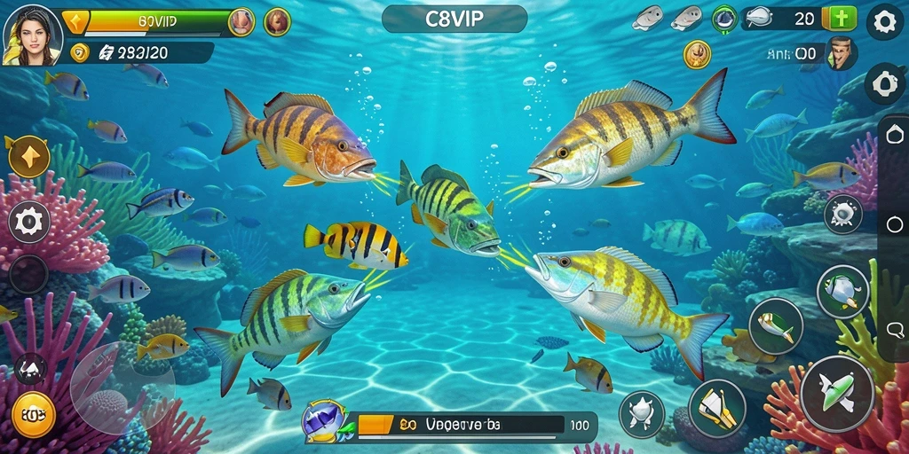 Tampilkan screenshot gameplay C8VIP yang menampilkan aksi menembak ikan.