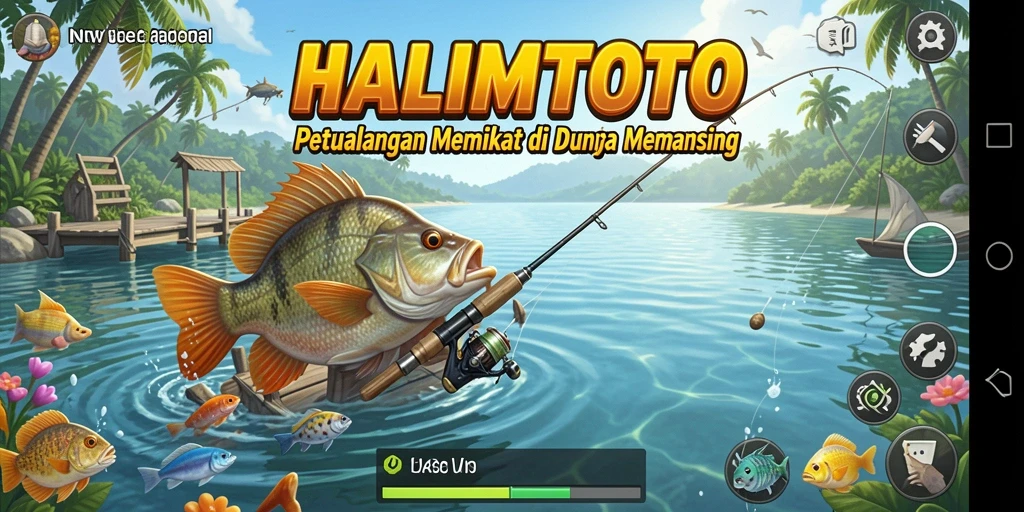 Screenshot HALIMTOTO menampilkan aksi memancing yang mendebarkan di tepi danau.