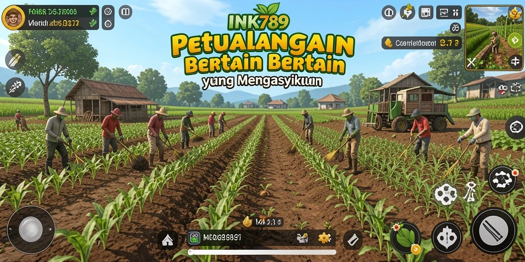 Tampilan gameplay INK789 dengan ladang yang subur dan hewan ternak.