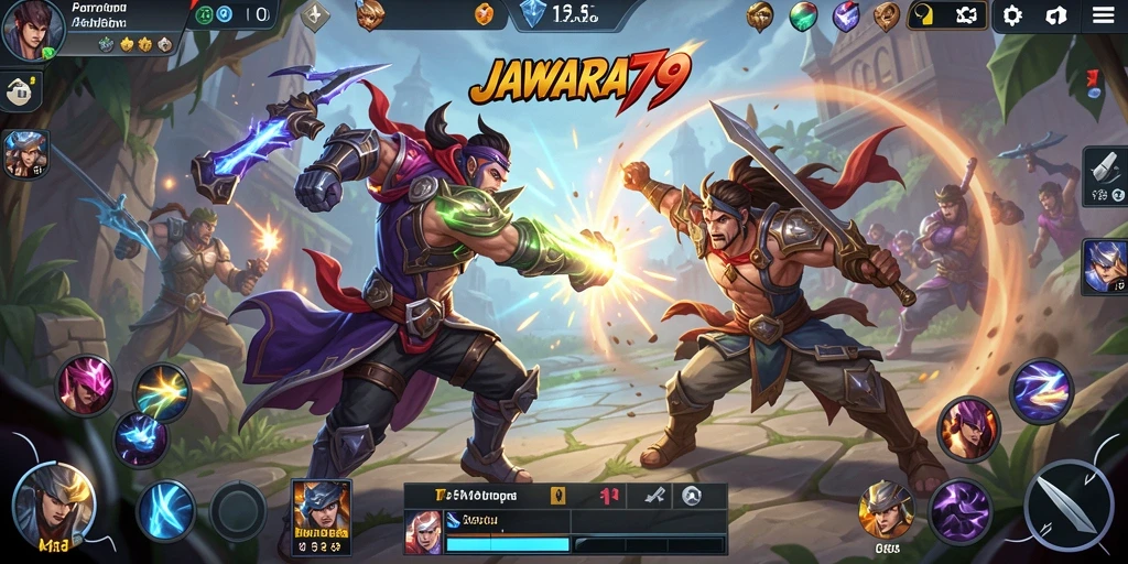 Gameplay seru dalam JAWARA79 dengan berbagai karakter MOBA.