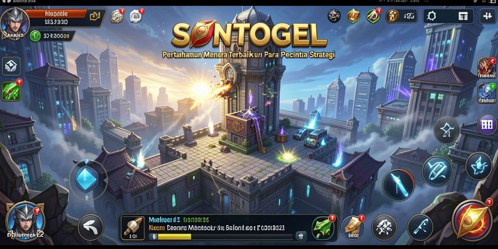 Screenshot gameplay SONTOGEL menampilkan menara pertahanan melawan musuh.