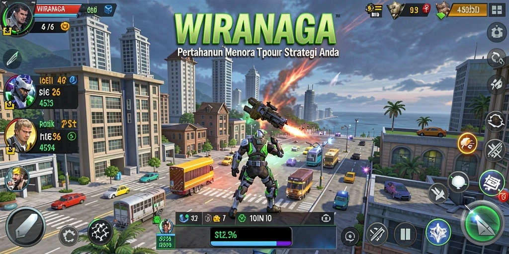 Tampilan menara dan efek serangan di WIRANAGA saat gameplay.